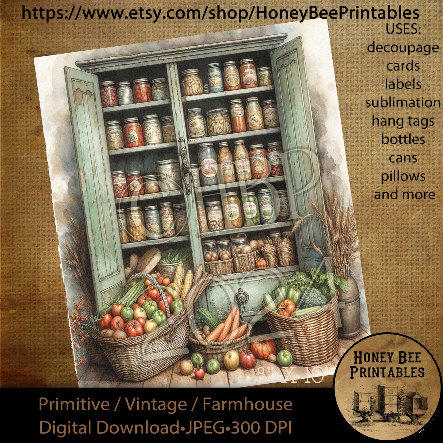Digital Download, Printable, Decoupage, Vintage, Primitive, 8x10, Primitive Pantry, Buttery, Kitchen, Vegetables, Harvest, Canned Goods, 3