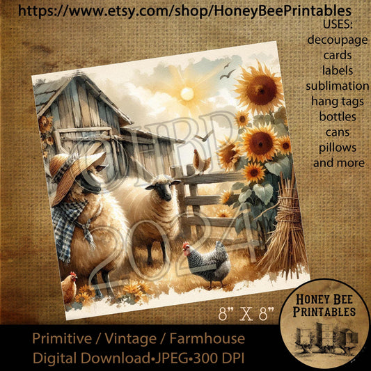 Digital Download, Printable,  Decoupage, Vintage, Primitive, Sheep, Farm, Chickens, Sunrise, Sunflowers, Old Barn, Fence, 8x8, JPEG
