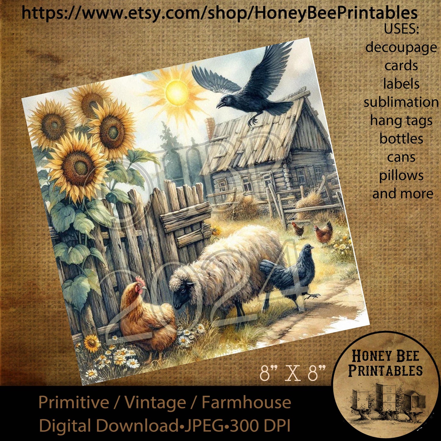 Digital Download, Printable,  Decoupage, Vintage, Primitive, Sheep, Farm, Chickens, Crows, Sunrise, Sunflowers, Old Barn, Fence, 8x8, JPEG