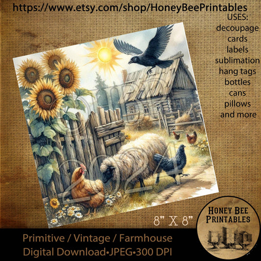 Digital Download, Printable,  Decoupage, Vintage, Primitive, Sheep, Farm, Chickens, Crows, Sunrise, Sunflowers, Old Barn, Fence, 8x8, JPEG