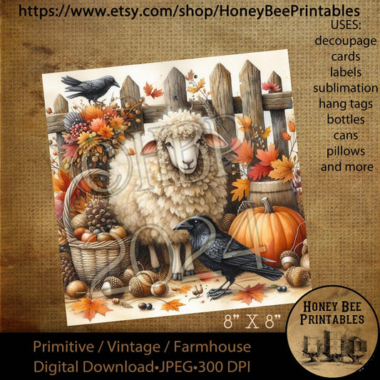 Digital Download, Printable,  Decoupage, Vintage, Primitive, Sheep, Farm, Crow, Fence, Pumpkins, Acorns, Fall, Autumn, Basket, Leaves, 8x8