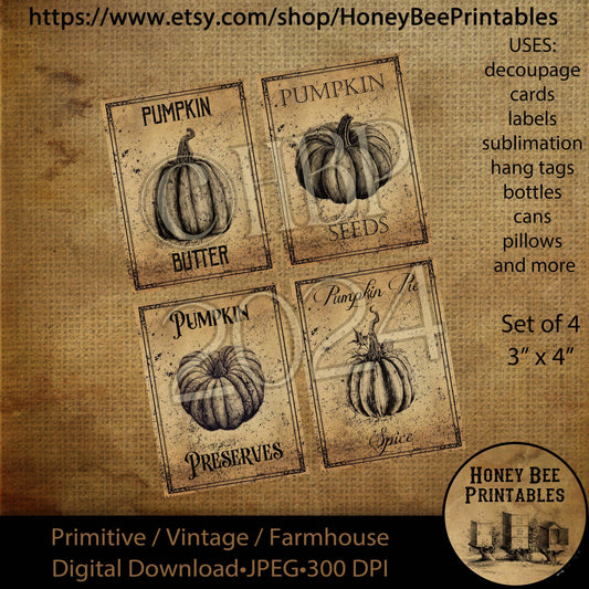Digital Download, Printable, Decoupage, Vintage, Primitive, Fall, Autumn Pumpkin 3x4 black & white pantry labels, use for Jars, Cans, wood