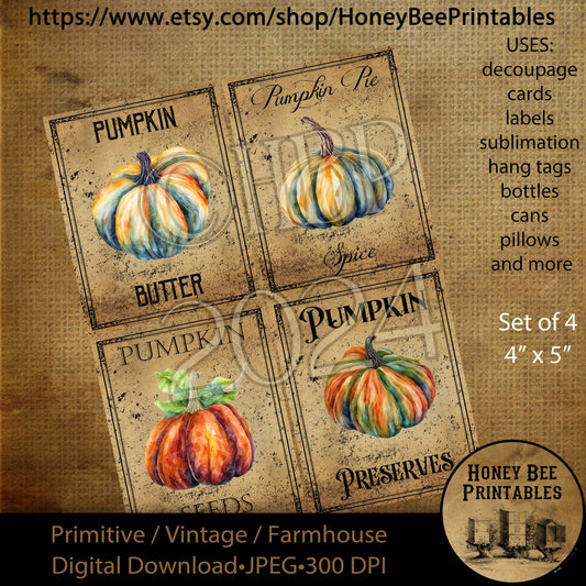 Digital Download, Printable, Decoupage, Vintage, Primitive, Fall, Autumn Pumpkin 4x5 color pantry labels, use for Jars, Cans, Books, wood