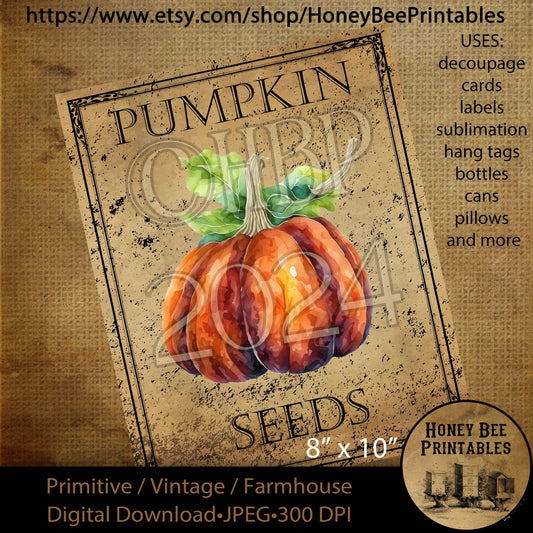 Digital Download, Printable, Decoupage, Vintage, Primitive, Fall, Autumn Pumpkin Seeds pantry labels, use for Jars, Cans, wood, 8x10
