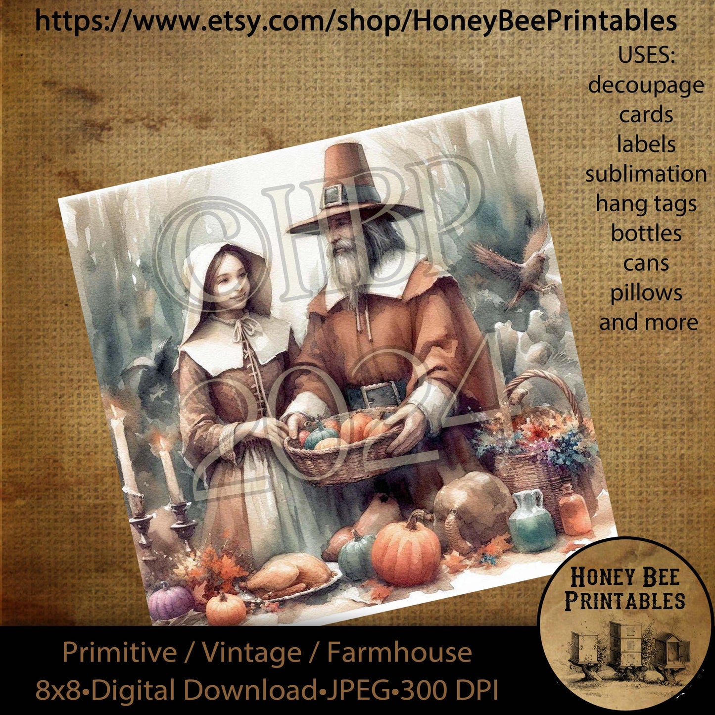 Digital Download, Printable,  Decoupage, Vintage, Primitive, 8x8, Pilgrims, Thanksgiving, Pumpkins, Harvest, Fall, Autumn, Thankful
