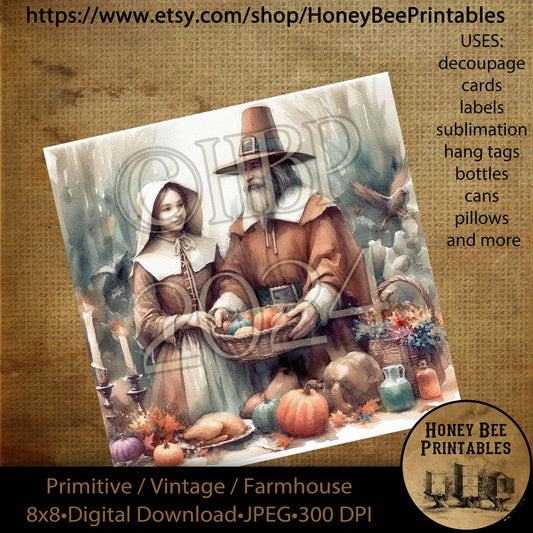 Digital Download, Printable,  Decoupage, Vintage, Primitive, 8x8, Pilgrims, Thanksgiving, Pumpkins, Harvest, Fall, Autumn, Thankful