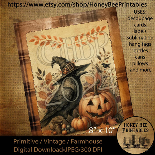Digital Download, Printable, Decoupage, Vintage, Primitive, Fall, Autumn, Crows, Jack-O-Lantern, Happy Halloween, 8x10 labels, tags, 2