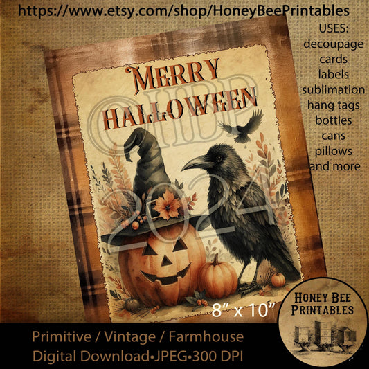 Digital Download, Printable, Decoupage, Vintage, Primitive, Fall, Autumn, Crows, Jack-O-Lantern, Merry Halloween, 8x10 labels, tags, 1