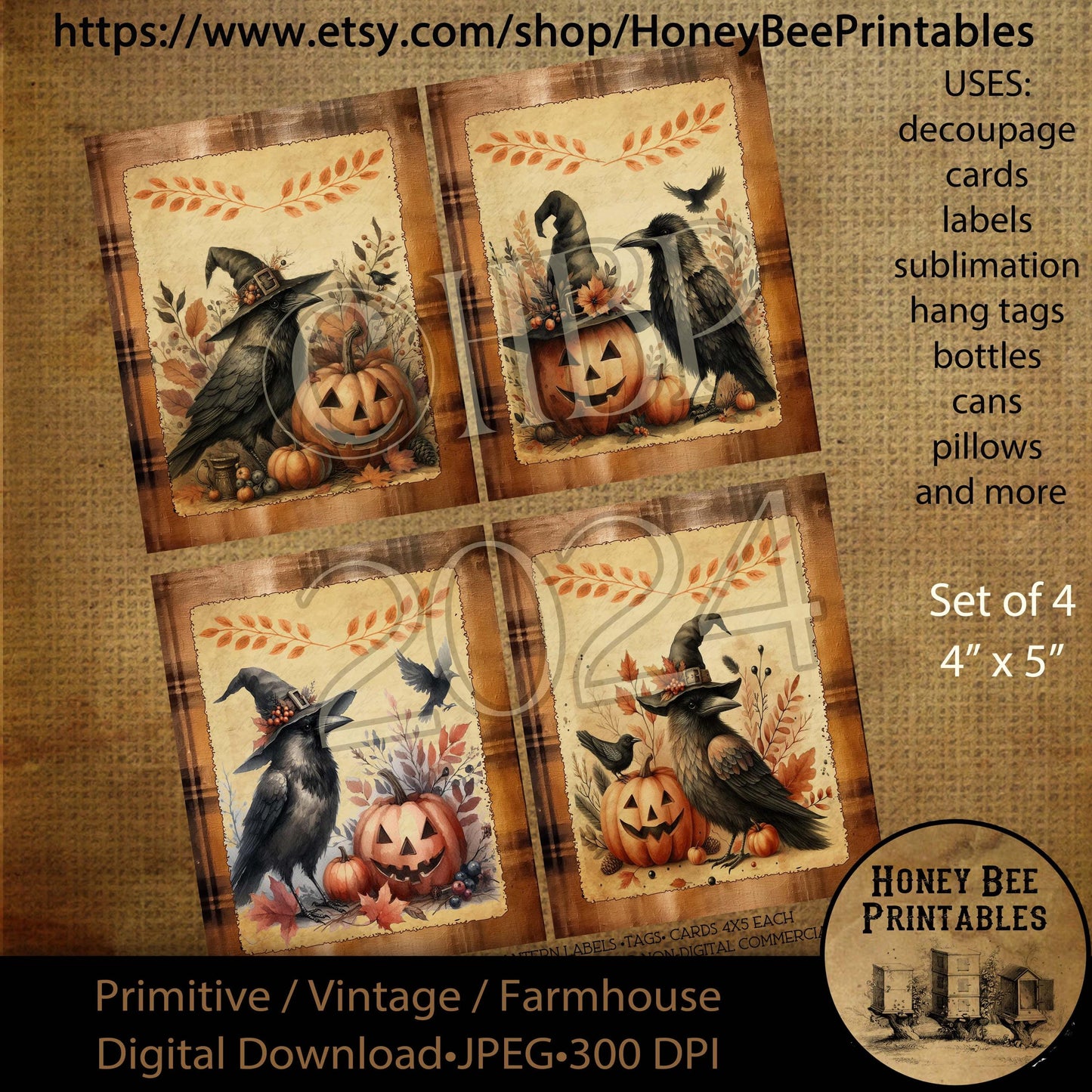 Digital Download, Printable, Vintage Decoupage Primitive, Halloween, jack-o-lantern, crows, witch hats, cards, tags, labels, 4x5, Set of 4 1