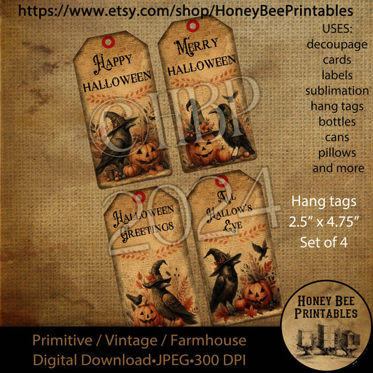 Digital Download, Printable, Decoupage, Primitive, Halloween, witch hat, jack-o-lantern, fall, autumn,  hang tags, Set of 4, 2.50" x 4.75