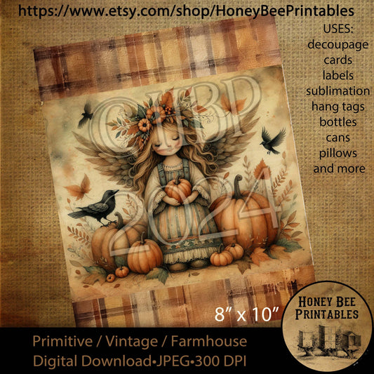 Digital Download, Printable, Decoupage, Vintage, Primitive, Fall, Autumn, Crows, Jack-O-Lantern, Fall Angel, 8x10 labels, tags, 1