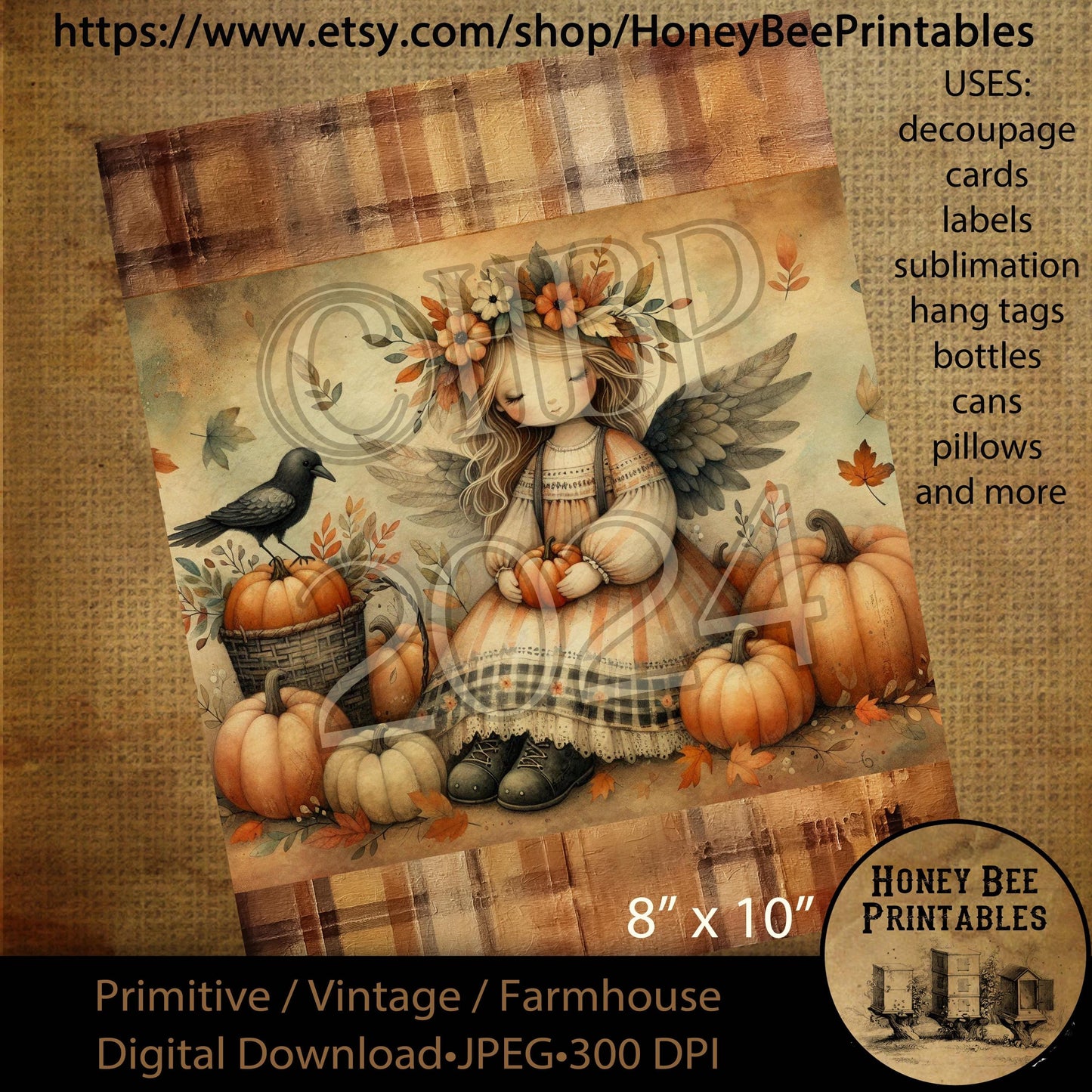 Digital Download, Printable, Decoupage, Vintage, Primitive, Fall, Autumn, Crows, Jack-O-Lantern, Fall Angel, 8x10 labels, tags, 2