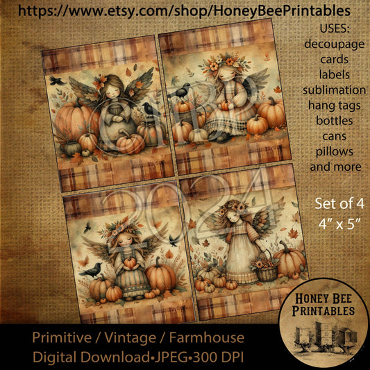 Digital Download, Printable, Decoupage, Primitive, Halloween, Fall Angel, Autumn Pumpkins, crows, cards, labels, tags, Set of 4, 4x5