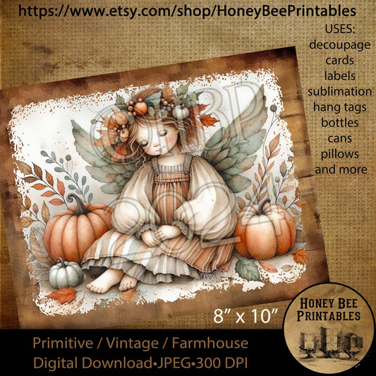 Digital Download, Printable, Decoupage, Vintage, Primitive, Fall, Autumn, Crows, Jack-O-Lantern, Fall Angel, 8x10 labels, tags, 7