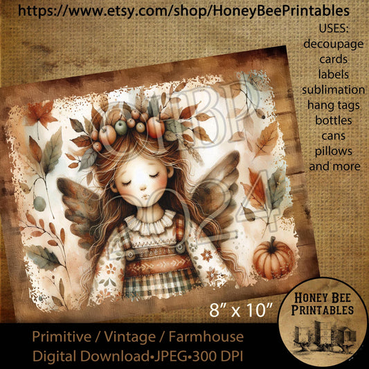 Digital Download, Printable, Decoupage, Vintage, Primitive, Fall, Autumn, Crows, Jack-O-Lantern, Fall Angel, 8x10 labels, tags, 8