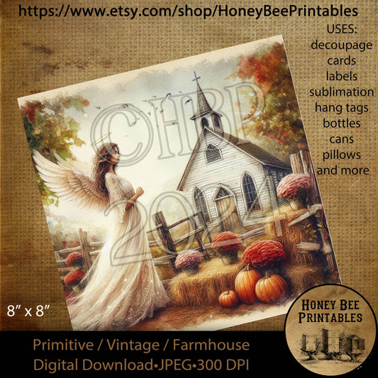 Digital Download, Printable, Decoupage, Vintage, Primitive, Fall, Autumn, Angel, Chapel, Pumpkins, Mums, Fall Angel, Church, 8x8, #4