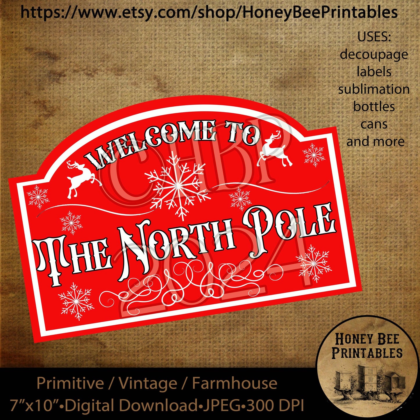 Vintage Primitive Instant Download, Printable, 7x10, Decoupage, Cards, Christmas, Street Signs, Signs, North Pole, Old Signs, Santa