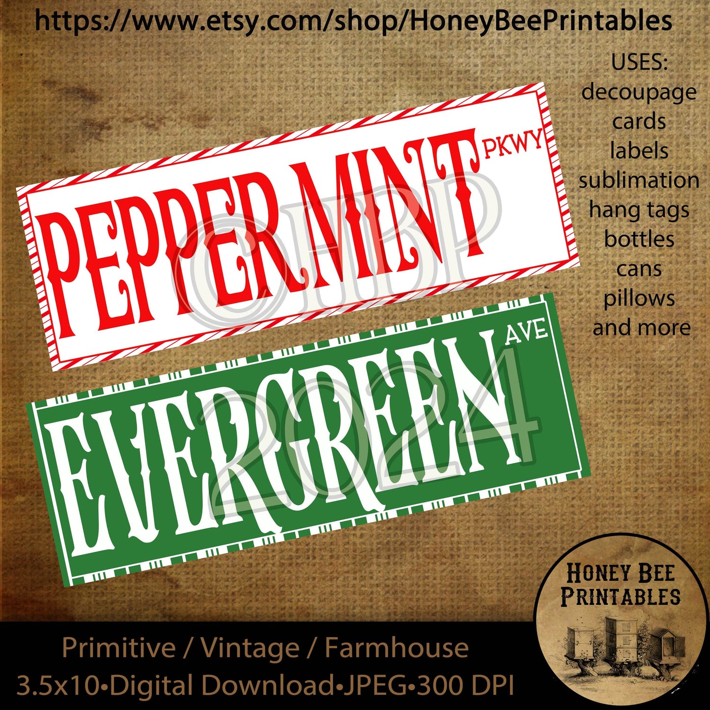 Vintage Primitive Instant Download, Printable, 3.5 x 10, Decoupage, Christmas, Street Signs, North Pole, Evergreen Lane, Peppermint Parkway