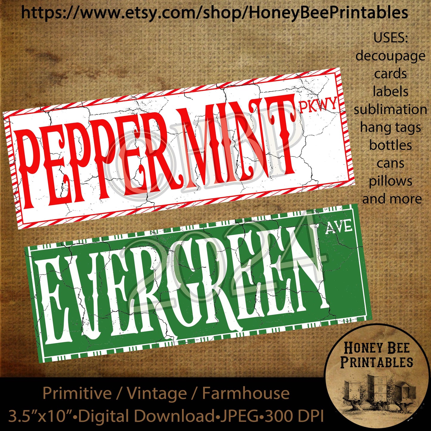 Vintage Primitive Instant Download, Printable, 3.5 x 10, Decoupage, Christmas, Street Signs, North Pole, Evergreen Lane, Peppermint Parkway