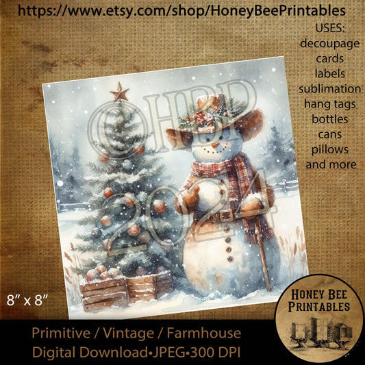 Digital Download, Printable, Decoupage, Vintage, Primitive, 8x8, #1 Country Primitive Snowman, Christmas Tree, Winter, Snow, Snowmen