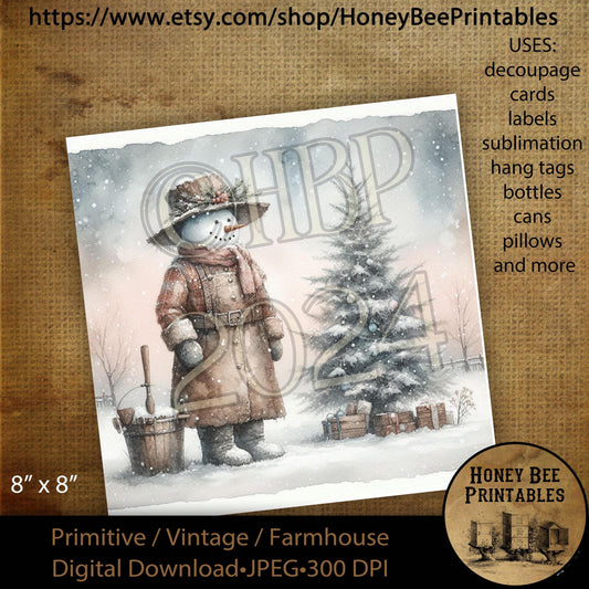 Digital Download, Printable, Decoupage, Vintage, Primitive, 8x8, #4 Country Primitive Snowman, Christmas Tree, Winter, Snow, Snowmen