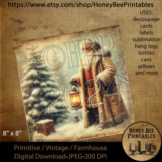 Digital Download, Printable, Decoupage, Vintage, Primitive, 8x8, Christmas Tree, Snow, Vintage, Old World Santa, Santa Claus, Lantern, #1