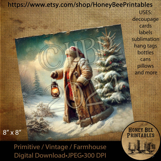 Digital Download, Printable, Decoupage, Vintage, Primitive, 8x8, Christmas Tree, Snow, Vintage, Old World Santa, Santa Claus, Lantern, #3