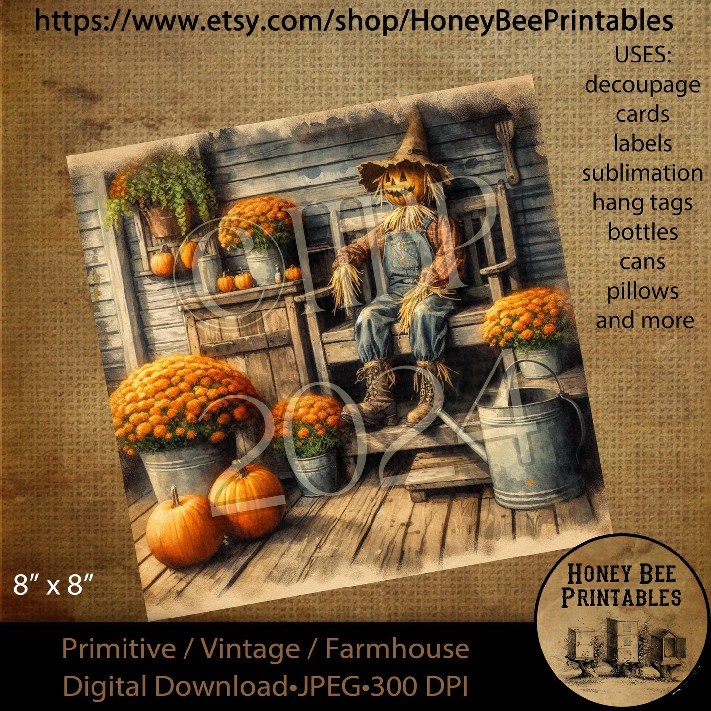 Digital Download, Printable, Decoupage, Vintage, Primitive, 8x8, Fall, Autumn, Scarecrow on Porch, Mums, Pumpkins, Galvanized Water Can