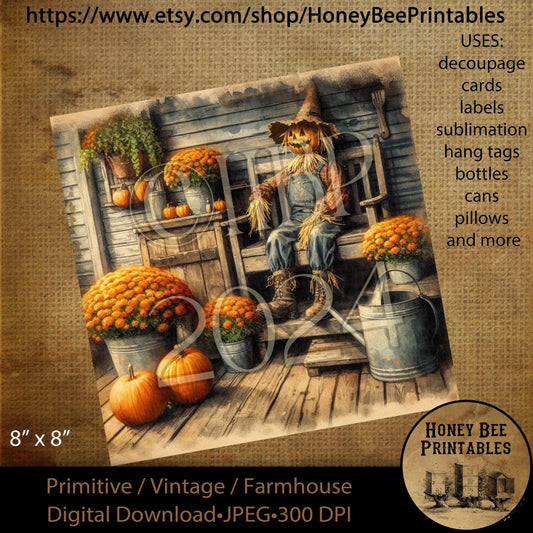 Digital Download, Printable, Decoupage, Vintage, Primitive, 8x8, Fall, Autumn, Scarecrow on Porch, Mums, Pumpkins, Galvanized Water Can