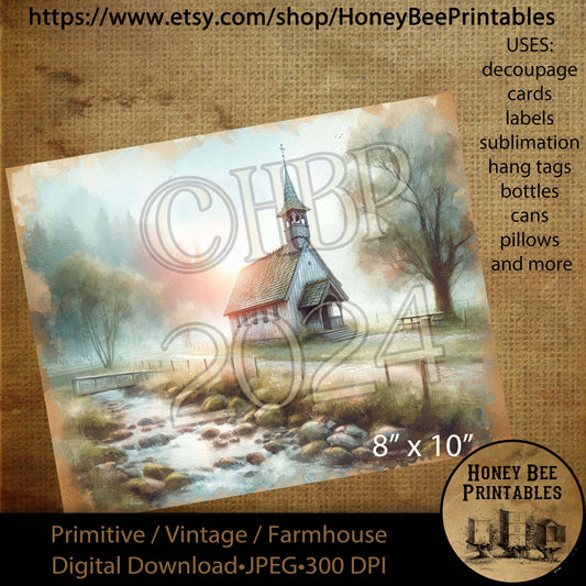 Digital Download, Printable, Decoupage, Vintage, Primitive, Old Country Church, Chapel, Stream, Creek, Bridge, River Rock, Country Chapel