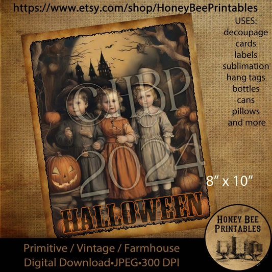 Vintage Digital Download Printable Sublimate Decoupage Primitive, Painting, Halloween, Children, Pumpkins, Jack-O-Lantern, Trick or Treat