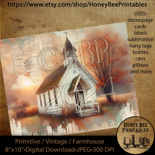 Vintage Digital Download Printable Sublimate Decoupage Primitive, Pumpkins, Fall, Autumn, Church, Chapel, Autumn Church, Fall Church