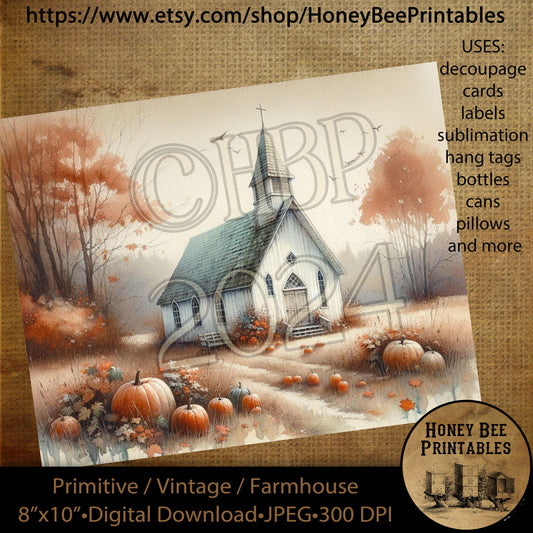 Vintage Digital Download Printable Sublimate Decoupage Primitive, Pumpkins, Fall, Autumn, Church, Autumn Chapel, Autumn Church, Fall Church