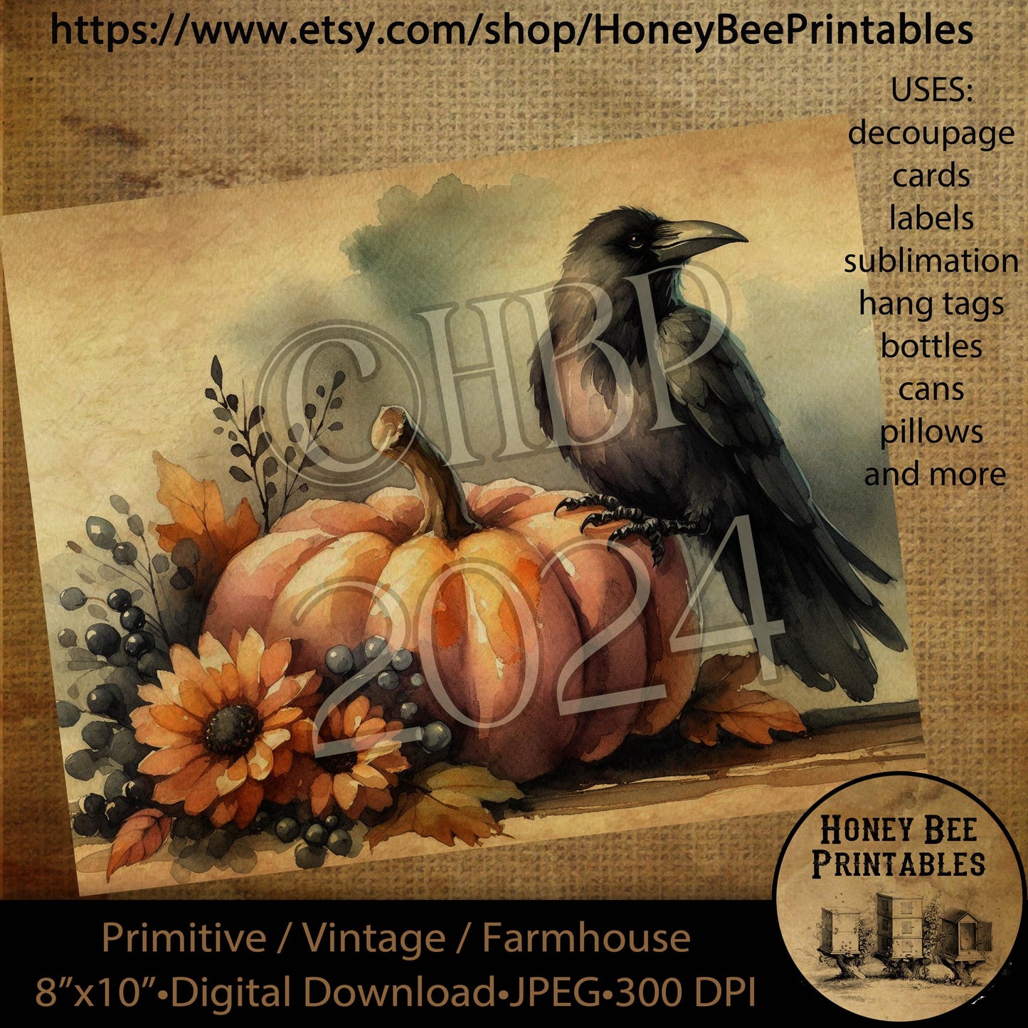 Vintage Digital Download Printable Sublimate Decoupage Primitive, Pumpkins, Fall, Autumn, Crow, Sunflowers, Crow on Pumpkin, Harvest