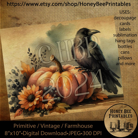 Vintage Digital Download Printable Sublimate Decoupage Primitive, Pumpkins, Fall, Autumn, Crow, Sunflowers, Crow on Pumpkin, Harvest