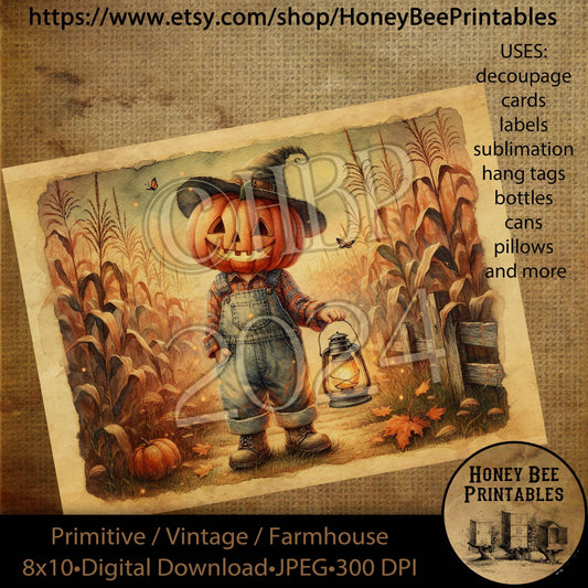 Vintage Digital Download Printable Decoupage Primitive, Fall, Autumn, Halloween, Jack-O-Lantern Boy, Overalls, Lantern, Corn Field, Jack Boy