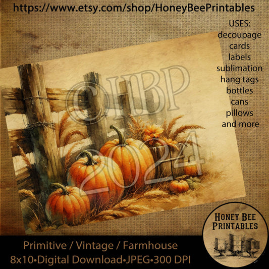 Vintage Digital Download Printable Decoupage Primitive, Fall, Autumn, Pumpkins, Fence Post, Harvest, Fence Row of Pumpkins