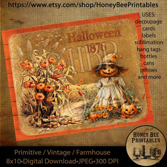 Vintage Digital Download Printable Decoupage Primitive, Fall, Autumn, Halloween 1876, Jack-O-Lantern Girl, Corn Field, Prairie Dress