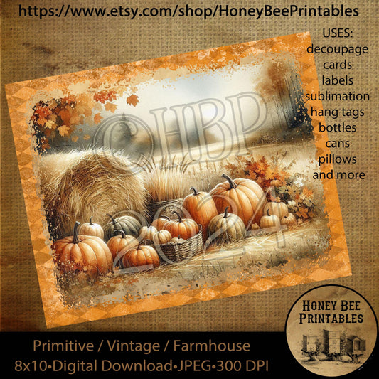 Vintage Digital Download Printable Decoupage Primitive, Fall, Harvest Gatherings, Pumpkins, Hay Bales, Fall Landscape, Autumn Landscape