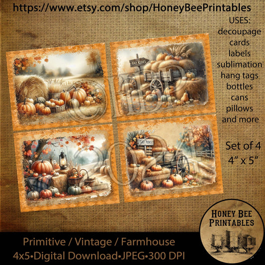 Vintage Digital Download Printable Decoupage Primitive, Set of 4 labels or cards, Fall, Autumn, Pumpkins, Hay Bales, Hay Rides, Harvest