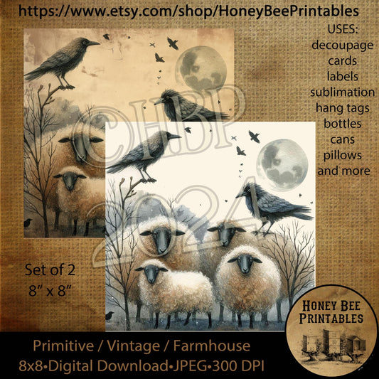Vintage Digital Download Printable Decoupage Primitive, Good Night, Sheep, Crows,  Night Sheep, Night Crows, 8x8, Set of 2, #2