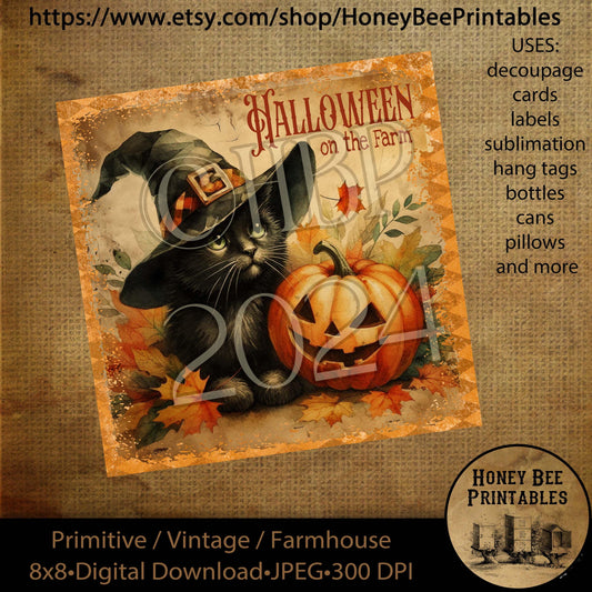 Vintage Digital Download Printable Decoupage Primitive, Halloween on the Farm, Black Cat, Jack-o-lantern, fall, autumn, pumpkins, harvest
