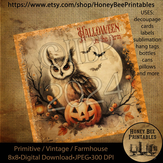 Vintage Digital Download Printable Decoupage Primitive, Halloween on the Farm, Owl, Jack-o-lantern, fall, autumn, pumpkins, harvest