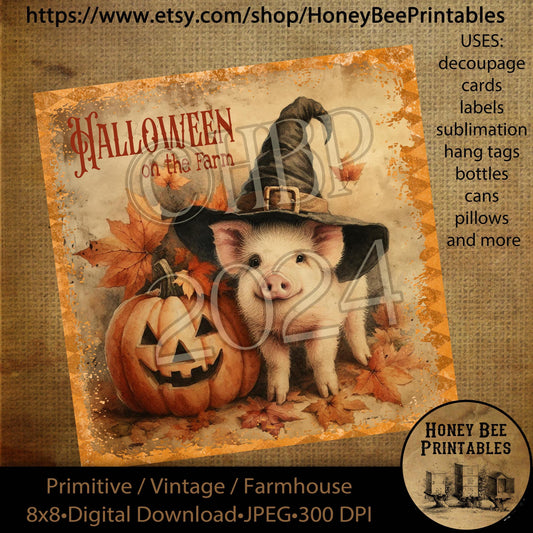 Vintage Digital Download Printable Decoupage Primitive, Halloween on the Farm, Pig, Jack-o-lantern, fall, autumn, pumpkins, harvest