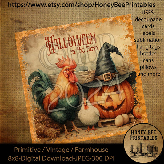Vintage Digital Download Printable Decoupage Primitive, Halloween on the Farm, Rooster, Chicken, Jack-o-lantern, fall, autumn, pumpkins