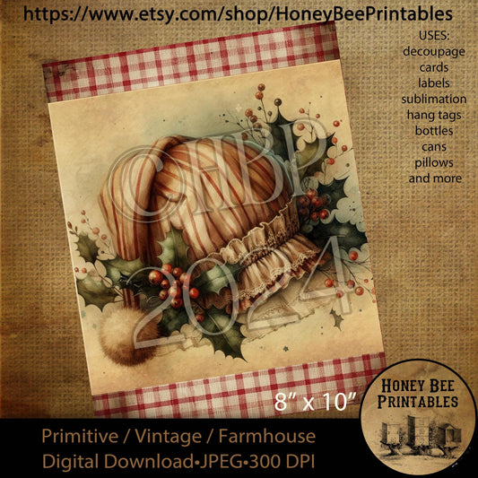 Digital Download, Printable, Decoupage, Vintage, Primitive, Farmhouse, 8x10, Night cap, Nightcap, Sleeping cap, Night Before Christmas