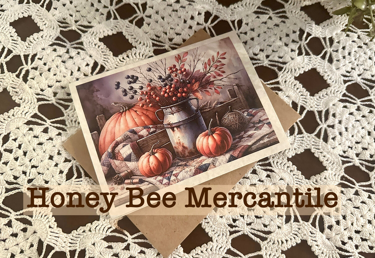 Vintage, Primitive, Farmhouse Style, Set of 6 Note Cards with envelopes, Fall, Autumn Pumpkins, Rusty Milk Can, Fall Quilt, Crate, Berries