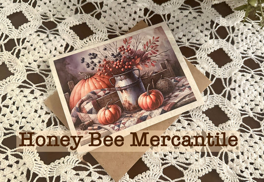 Vintage, Primitive, Farmhouse Style, Set of 6 Note Cards with envelopes, Fall, Autumn Pumpkins, Rusty Milk Can, Fall Quilt, Crate, Berries