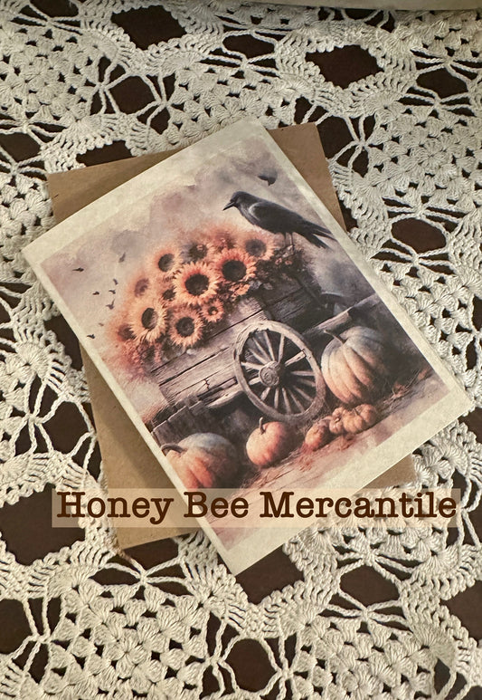Vintage, Primitive, Farmhouse Style, Set of 6 Note Cards with envelopes, Fall, Autumn Pumpkins, Old Wagon, Crow, Sunflowers
