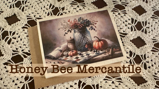 Vintage, Primitive, Farmhouse Style, Set of 6 Note Cards with envelopes, Fall, Autumn Pumpkins, Old Blue Jar, Berries, Fall Quilt